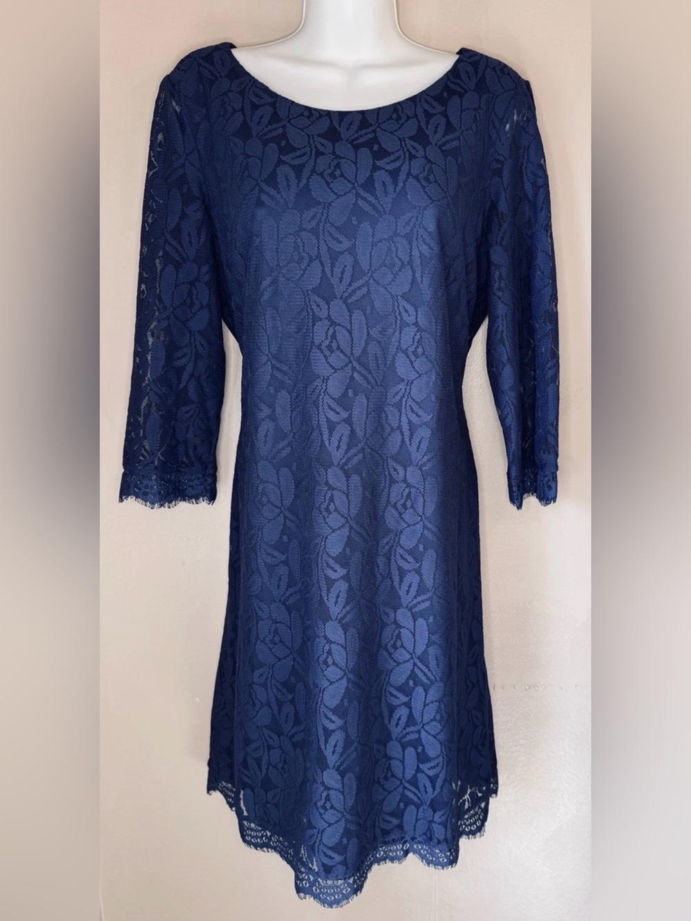 🔵LONDON TIMES🔵 FLORAL LACE OVERLAY SHEER 3/4 SLEEVE PULLOVER SHEATH DRESS